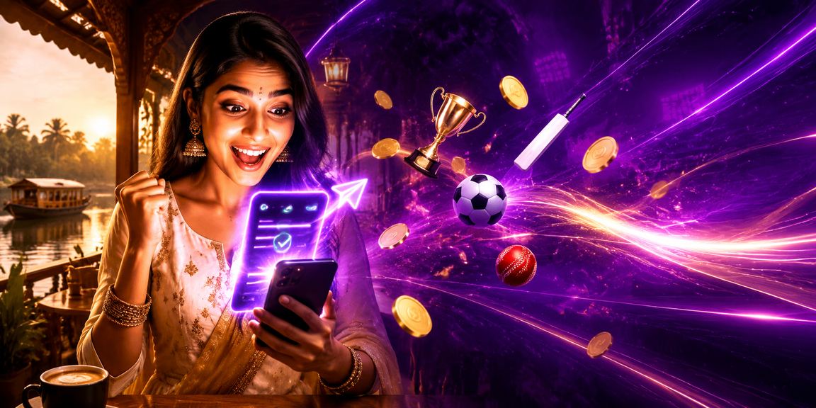 Sports betting vibrant neon scene in Kerala backwaters with displays of cricket scores