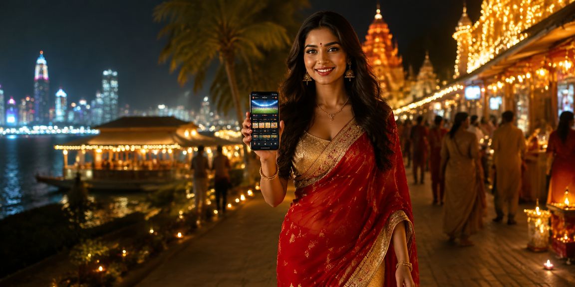 Indian player using a mobile VIP casino app during Diwali festival in Kerala
