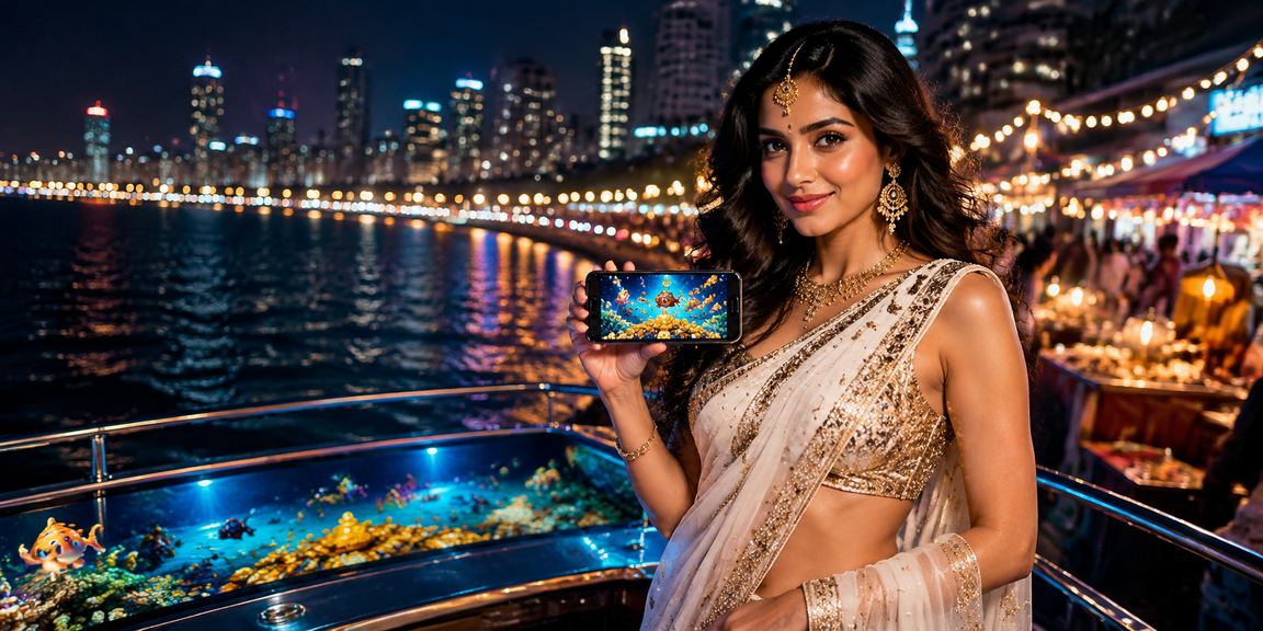Woman enjoying fishing-themed online game in Mumbai wearing traditional saree